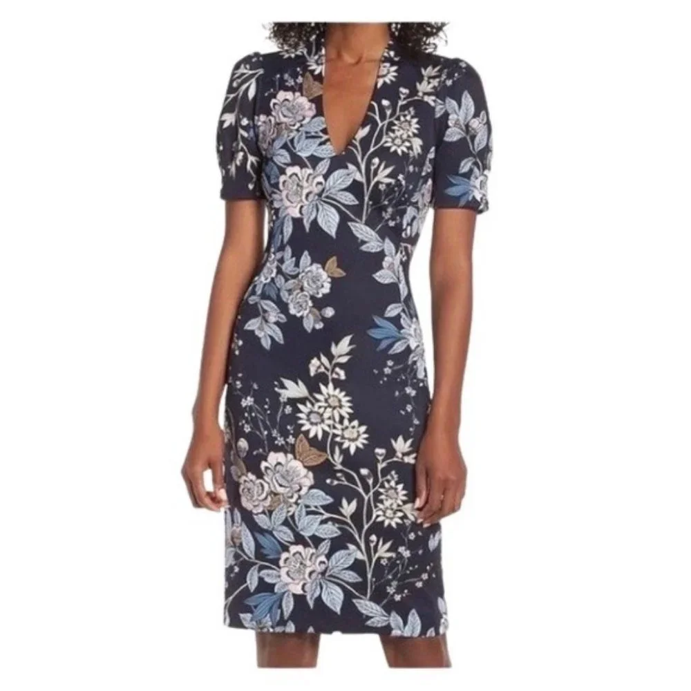 Vince Camuto Puffy Sleeve V-Neck Navy Blue Floral Scuba Knit Fabric Size 10 - Picture 1 of 7